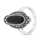 Sterling Silver 925 Ring Embedded With Natural Black Agate And Marcasite Stones