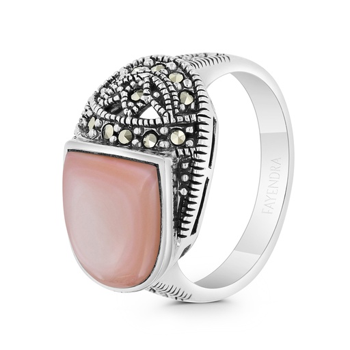 Sterling Silver 925 Ring Embedded With Natural Pink Shell And Marcasite Stones
