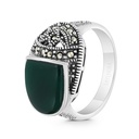 Sterling Silver 925 Ring Embedded With Natural Green Agate And Marcasite Stones