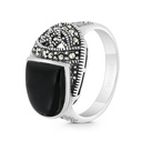 Sterling Silver 925 Ring Embedded With Natural Black Agate And Marcasite Stones