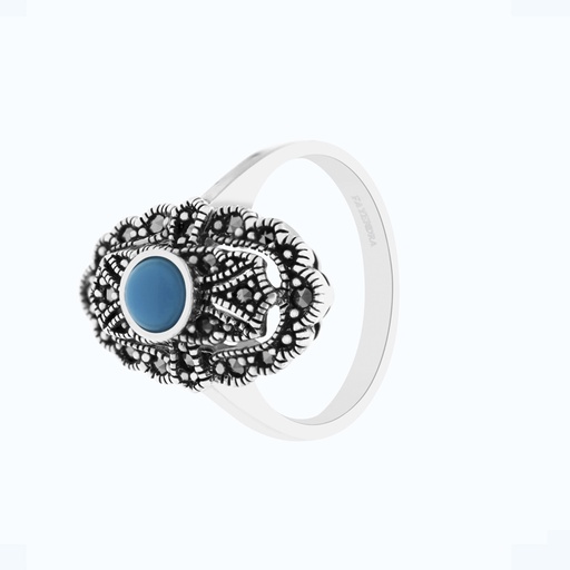 Sterling Silver 925 Ring Embedded With Natural Processed Turquoise And Marcasite Stones