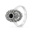 Sterling Silver 925 Ring Embedded With Natural Black Agate And Marcasite Stones