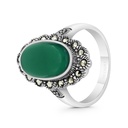 Sterling Silver 925 Ring Embedded With Natural Green Agate And Marcasite Stones