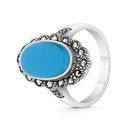 Sterling Silver 925 Ring Embedded With Natural Processed Turquoise And Marcasite Stones