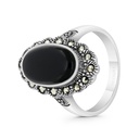 Sterling Silver 925 Ring Embedded With Natural Black Agate And Marcasite Stones