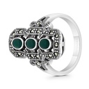 Sterling Silver 925 Ring Embedded With Natural Green Agate And Marcasite Stones