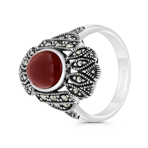 Sterling Silver 925 Ring Embedded With Natural Aqiq And Marcasite Stones