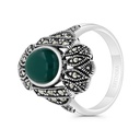 Sterling Silver 925 Ring Embedded With Natural Green Agate And Marcasite Stones