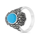 Sterling Silver 925 Ring Embedded With Natural Processed Turquoise And Marcasite Stones