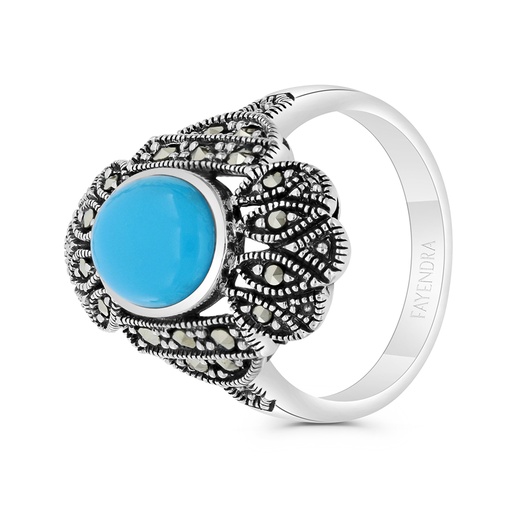 Sterling Silver 925 Ring Embedded With Natural Processed Turquoise And Marcasite Stones