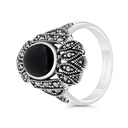 Sterling Silver 925 Ring Embedded With Natural Black Agate And Marcasite Stones