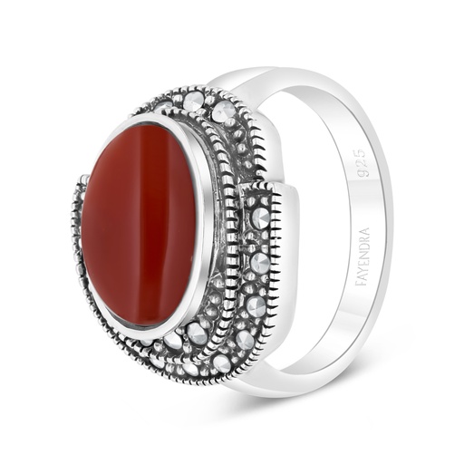 Sterling Silver 925 Ring Embedded With Natural Aqiq And Marcasite Stones