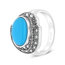 Sterling Silver 925 Ring Embedded With Natural Processed Turquoise And Marcasite Stones