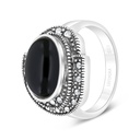 Sterling Silver 925 Ring Embedded With Natural Black Agate And Marcasite Stones