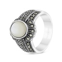 Sterling Silver 925 Ring Embedded With Natural White Shell And Marcasite Stones