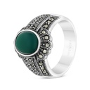 Sterling Silver 925 Ring Embedded With Natural Green Agate And Marcasite Stones