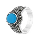 Sterling Silver 925 Ring Embedded With Natural Processed Turquoise And Marcasite Stones