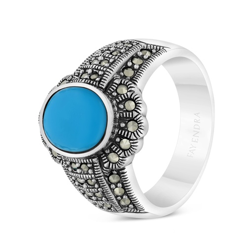 Sterling Silver 925 Ring Embedded With Natural Processed Turquoise And Marcasite Stones