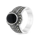 Sterling Silver 925 Ring Embedded With Natural Black Agate And Marcasite Stones