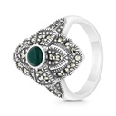 Sterling Silver 925 Ring Embedded With Natural Green Agate And Marcasite Stones