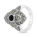 Sterling Silver 925 Ring Embedded With Natural Black Agate And Marcasite Stones