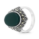 Sterling Silver 925 Ring Embedded With Natural Green Agate And Marcasite Stones