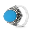 Sterling Silver 925 Ring Embedded With Natural Processed Turquoise And Marcasite Stones