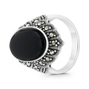 Sterling Silver 925 Ring Embedded With Natural Black Agate And Marcasite Stones