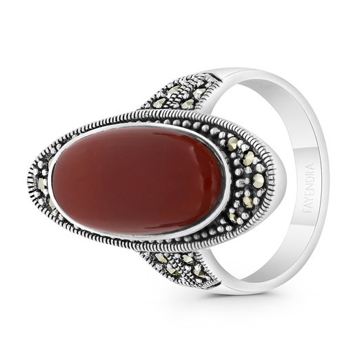 Sterling Silver 925 Ring Embedded With Natural Aqiq And Marcasite Stones