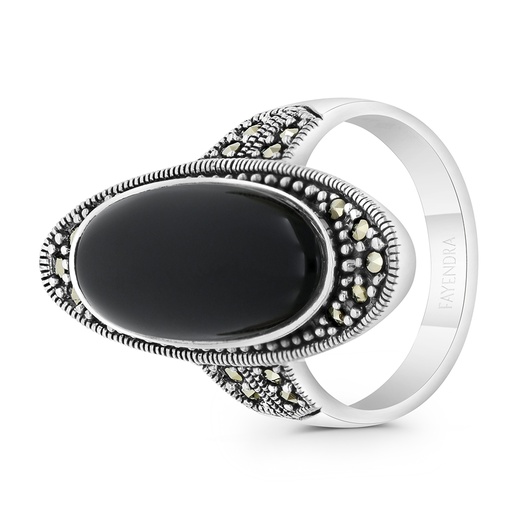 Sterling Silver 925 Ring Embedded With Natural Black Agate And Marcasite Stones