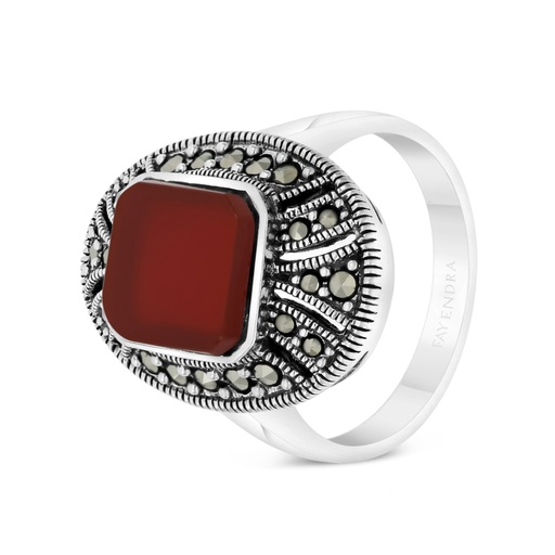 Sterling Silver 925 Ring Embedded With Natural Aqiq And Marcasite Stones