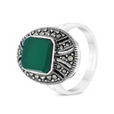 Sterling Silver 925 Ring Embedded With Natural Green Agate And Marcasite Stones