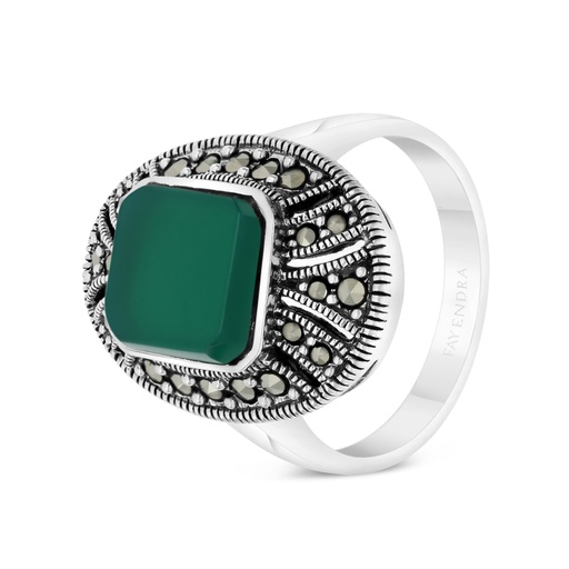 Sterling Silver 925 Ring Embedded With Natural Green Agate And Marcasite Stones
