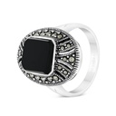 Sterling Silver 925 Ring Embedded With Natural Black Agate And Marcasite Stones