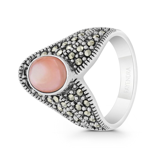 Sterling Silver 925 Ring Embedded With Natural Pink Shell And Marcasite Stones