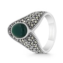 Sterling Silver 925 Ring Embedded With Natural Green Agate And Marcasite Stones