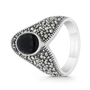 Sterling Silver 925 Ring Embedded With Natural Black Agate And Marcasite Stones