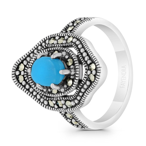 Sterling Silver 925 Ring Embedded With Natural Processed Turquoise And Marcasite Stones