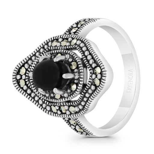 Sterling Silver 925 Ring Embedded With Natural Black Agate And Marcasite Stones