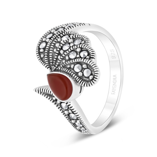 Sterling Silver 925 Ring Embedded With Natural Aqiq And Marcasite Stones