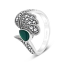 Sterling Silver 925 Ring Embedded With Natural Green Agate And Marcasite Stones