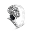 Sterling Silver 925 Ring Embedded With Natural Black Agate And Marcasite Stones