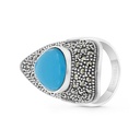 Sterling Silver 925 Ring Embedded With Natural Processed Turquoise And Marcasite Stones