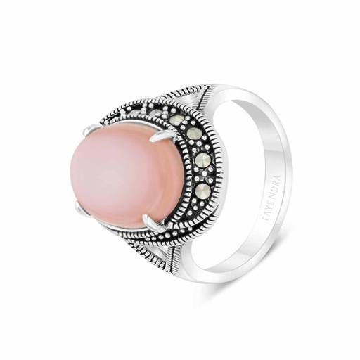 Sterling Silver 925 Ring Embedded With Natural Pink Shell And Marcasite Stones