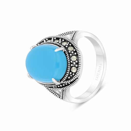 Sterling Silver 925 Ring Embedded With Natural Processed Turquoise And Marcasite Stones