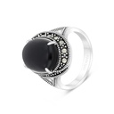 Sterling Silver 925 Ring Embedded With Natural Black Agate And Marcasite Stones