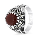 Sterling Silver 925 Ring Embedded With Natural Aqiq And Marcasite Stones For Men