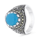 Sterling Silver 925 Ring Embedded With Natural Processed Turquoise And Marcasite Stones For Men