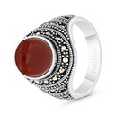 Sterling Silver 925 Ring Embedded With Natural Aqiq And Marcasite Stones For Men