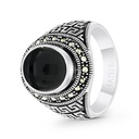 Sterling Silver 925 Ring Embedded With Natural Black Agate And Marcasite Stones For Men